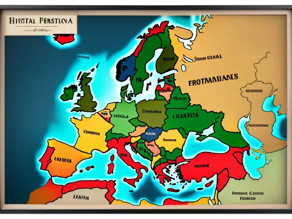 Mapa vintage detallado de Europa con Origen apellidos europeos desaparecidos en tonos tierra y escritura antigua