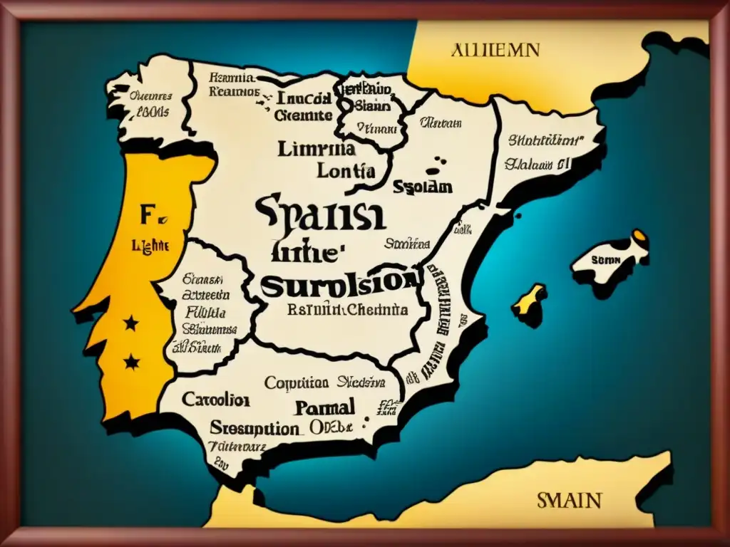 Mapa vintage detallado de España con origen apellidos españoles antiguos en caligrafía y tonos sepia, evocando herencia y linaje