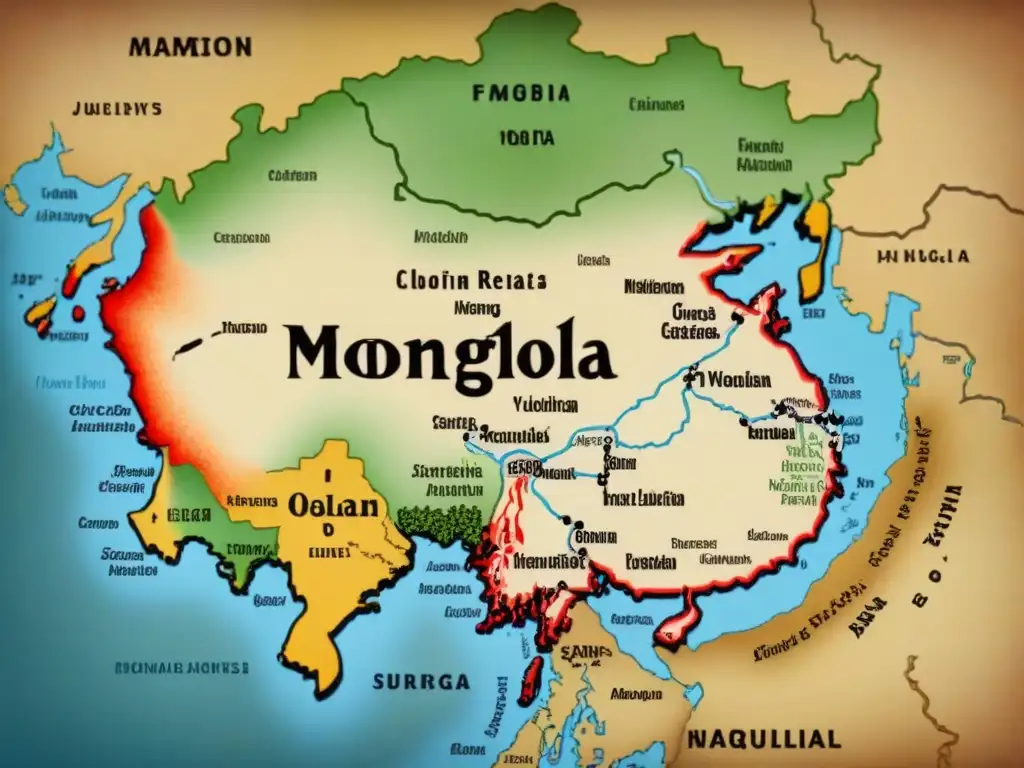 Mapa vintage detallado de Mongolia mostrando el origen y evolución de apellidos en cada región, con caligrafía histórica