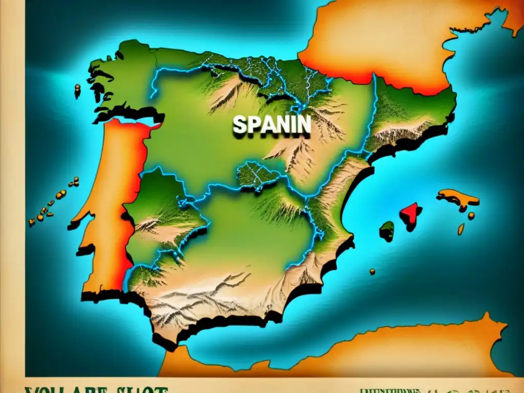 Mapa vintage detallado de España resaltando la región de origen del apellido Collado