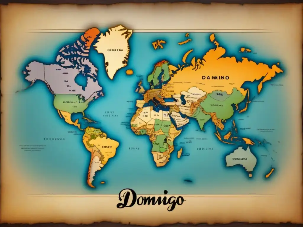 Mapa vintage detallado del origen del apellido común 'Domingo' en varias regiones, con caligrafía y paleta de colores envejecidos