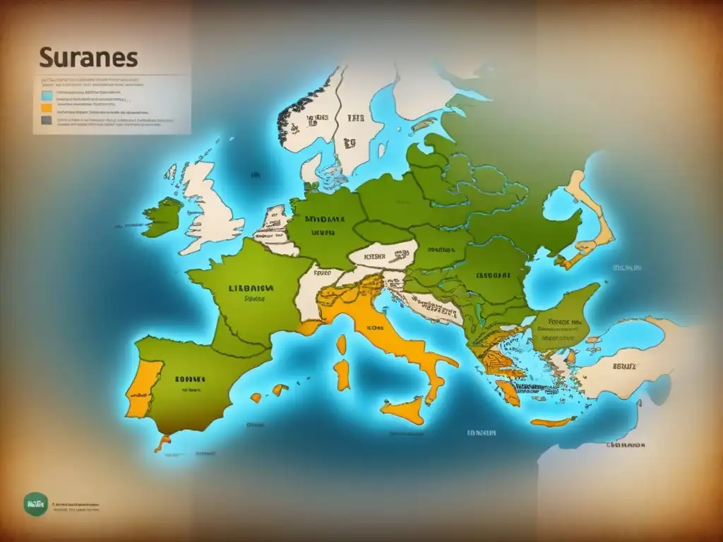 Mapa vintage detallado mostrando el origen de apellidos, estatus social y geografía con caligrafía e ilustraciones elegantes