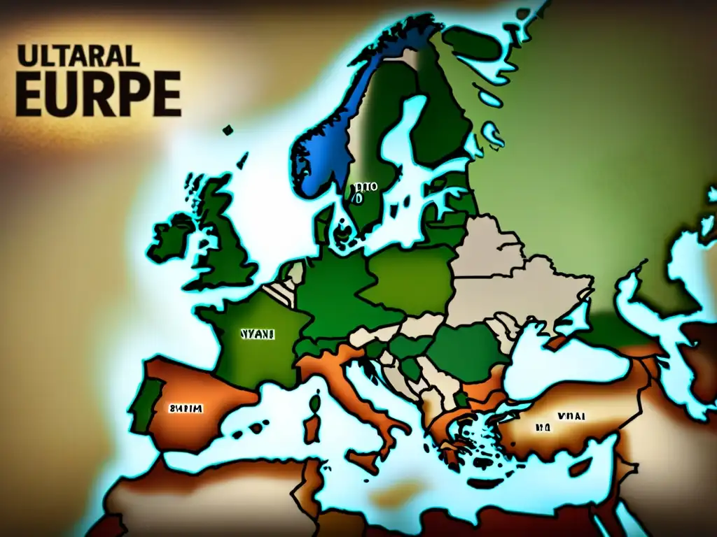 Mapa vintage detallado de Europa en sepia, resaltando orígenes de apellidos raros