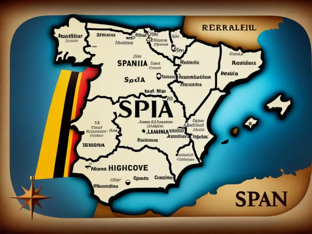 Un mapa vintage detallado de España con los orígenes de apellidos españoles antiguos