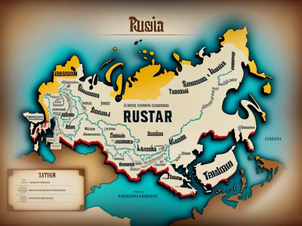 Mapa vintage detallado de Rusia con orígenes de apellidos tártaros, tonos sepia y símbolos tradicionales, evocando herencia cultural