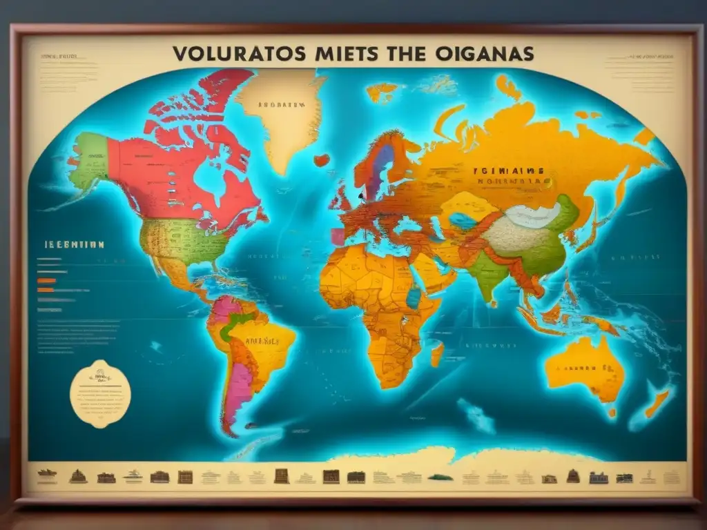 Mapa vintage detallado de orígenes y migraciones de apellidos, con símbolos culturales y paisajes diversos