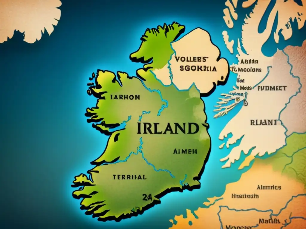 Mapa vintage detallado de Irlanda con los orígenes del apellido Fitzgerald en tonos terrosos y elegante caligrafía