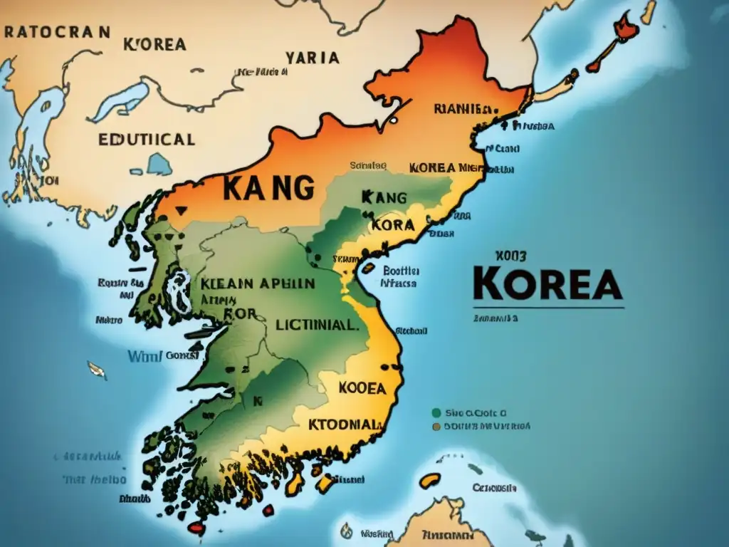 Mapa vintage detallado de Corea con orígenes de apellidos coreanos con K, ilustraciones tradicionales y paleta rica