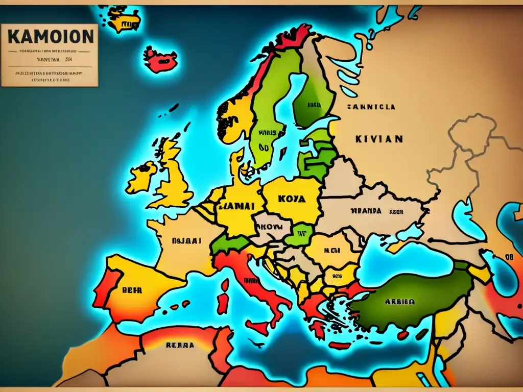 Un mapa vintage detallado de Europa del Este con los orígenes de los apellidos Kaminski, Kovács y Kovačević, evocando historia y herencia