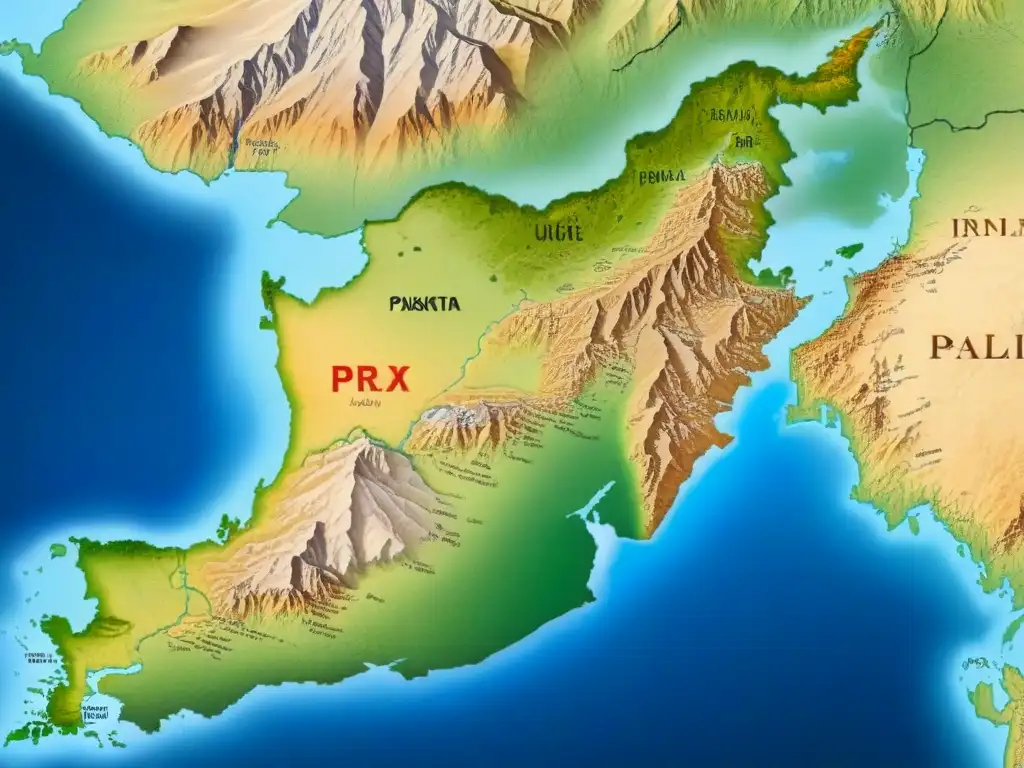 Mapa vintage detallado de Pakistán con tonos terrosos y textura envejecida, resaltando diversidad cultural y religiosa