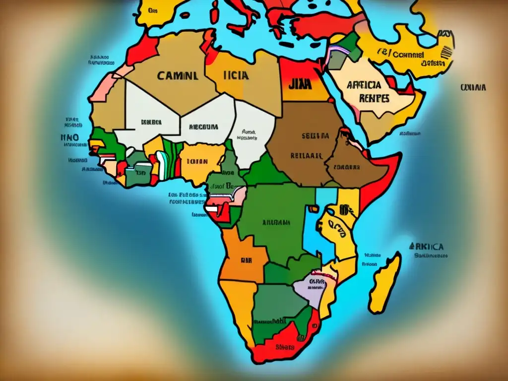 Un mapa vintage detallado de África con patrones de migración de tribus y grupos étnicos, adornos y símbolos tradicionales africanos