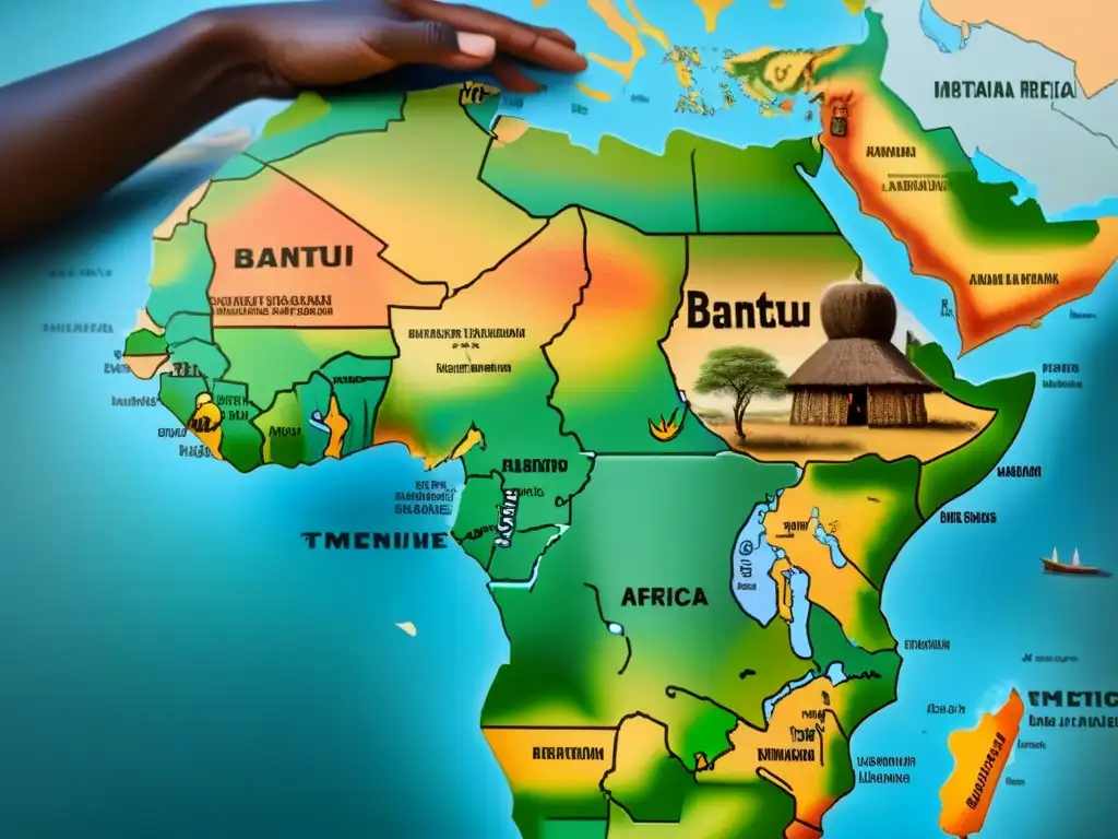 Mapa vintage detallado de la región sur de África, mostrando patrones migratorios e historiales de los Bantúes