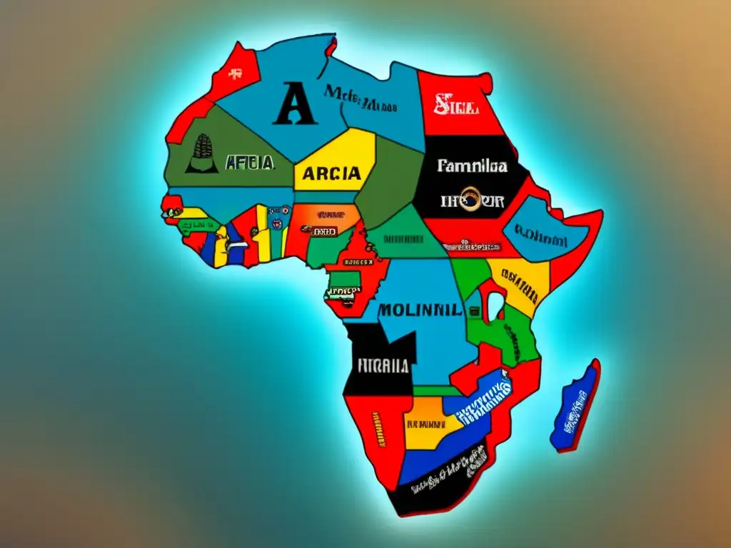 Mapa vintage detallado de África con patrones tradicionales y árboles genealógicos en caligrafía, mostrando la historia de apellidos en África