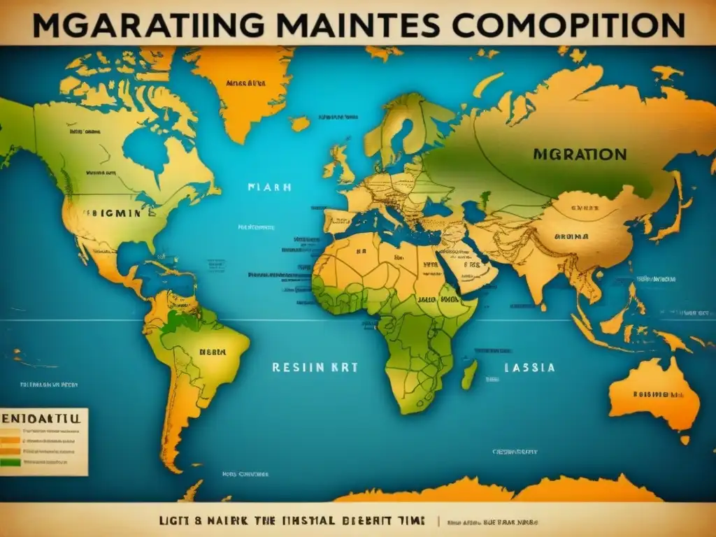 Mapa vintage detallado que muestra patrones de migración y evolución de apellidos, con líneas conectando regiones y cambios en genealogía