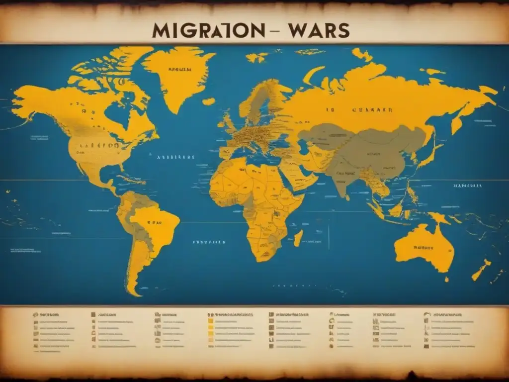 Un mapa vintage detallado muestra los patrones de migración de apellidos en guerras