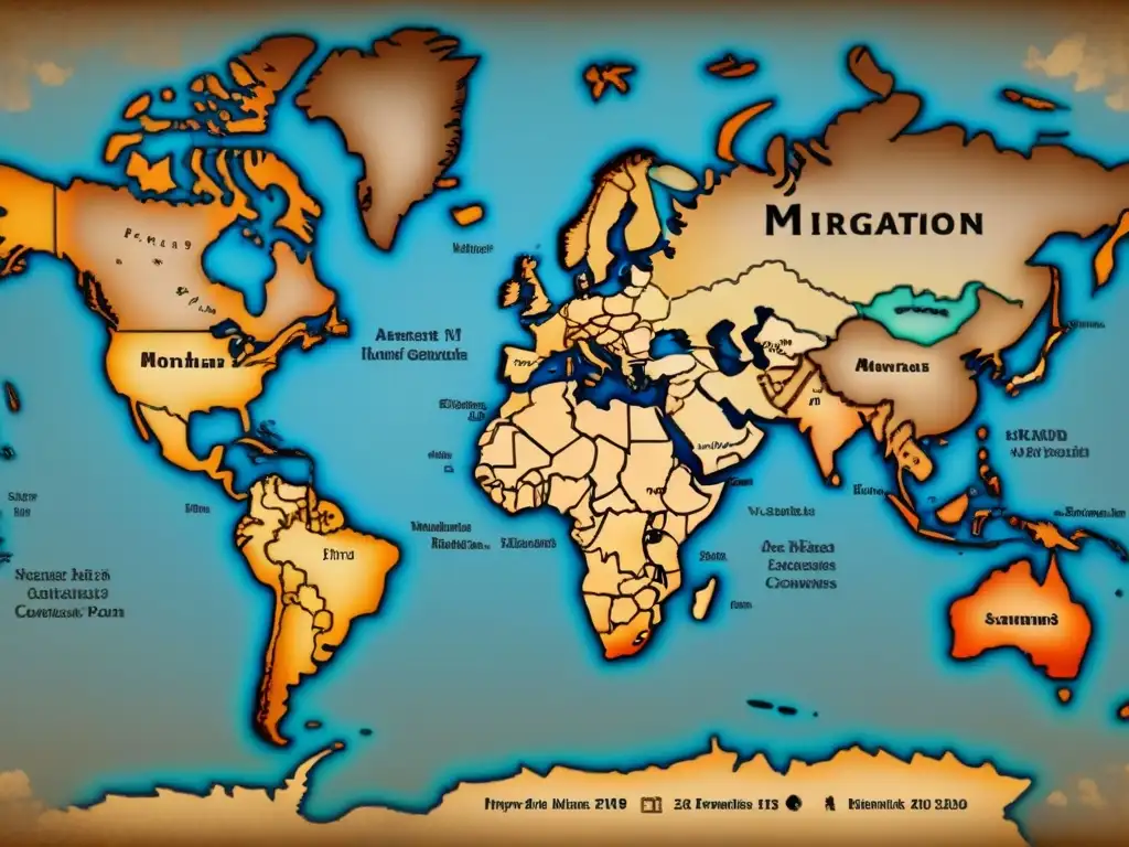 Mapa vintage detallado con patrones migratorios de apellidos, marcadores genéticos unen apellidos culturas