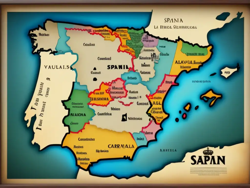 Un mapa vintage detallado de España durante la Reconquista, destacando la región de origen del apellido Carvajal, con castillos y guerreros medievales