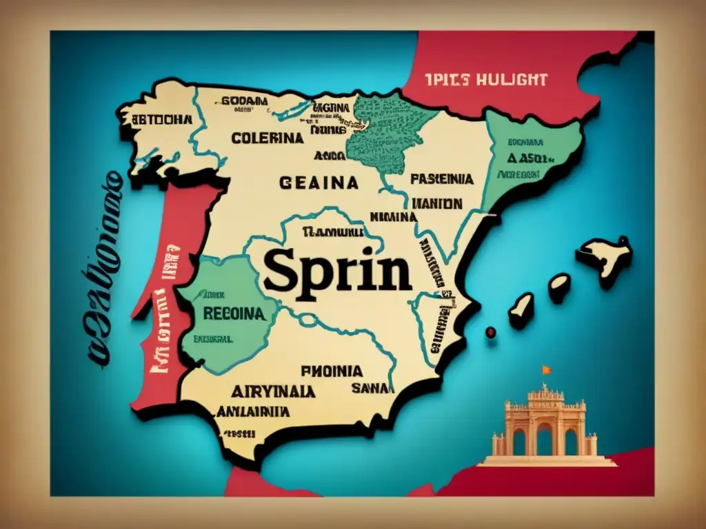 Mapa vintage detallado de España, destacando regiones del origen del apellido Zurita