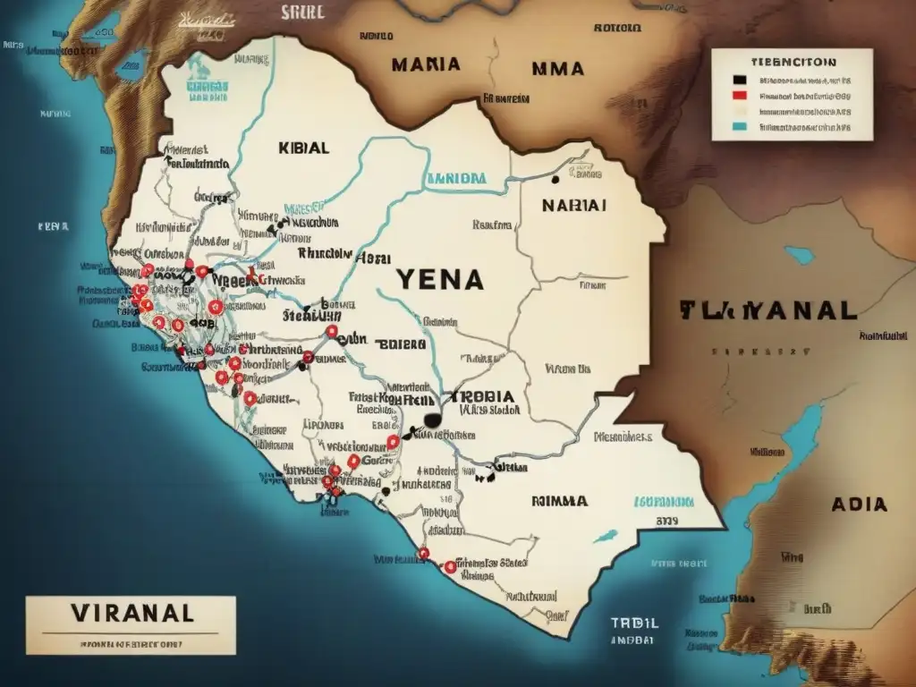 Mapa vintage detallado de Yemen con regiones tribales y símbolos tradicionales, resaltando la historia de los apellidos en la sociedad tribal de Yemen