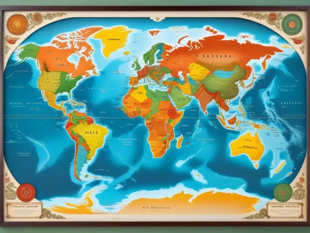 Mapa vintage detallado de regiones del mundo representando origen étnico