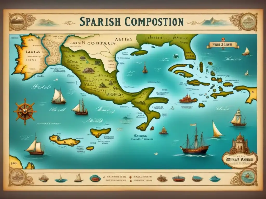 Mapa vintage detallado de regiones costeras españolas con barcos históricos y criaturas marinas, envejecido con tonos sepia suaves