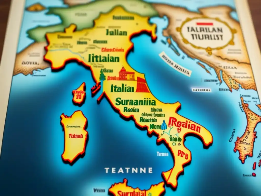 Un mapa vintage detallado de Italia muestra la riqueza cultural de las regiones con símbolos de apellidos italianos