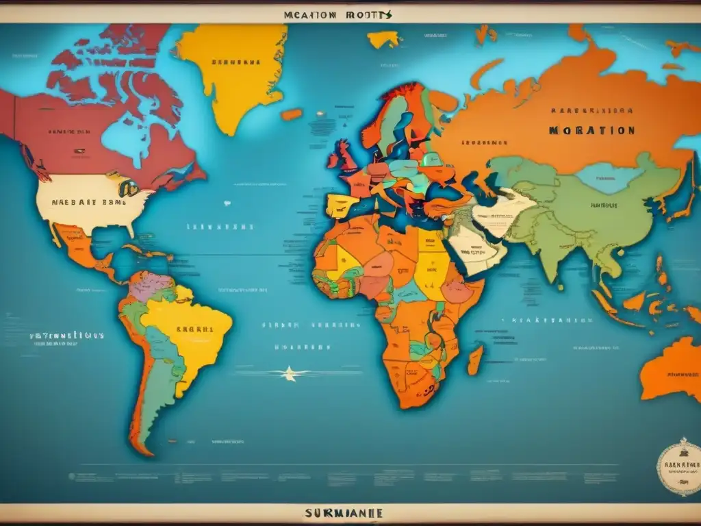 Mapa vintage detallado de rutas migratorias de apellidos, con barcos, caravanas y huellas