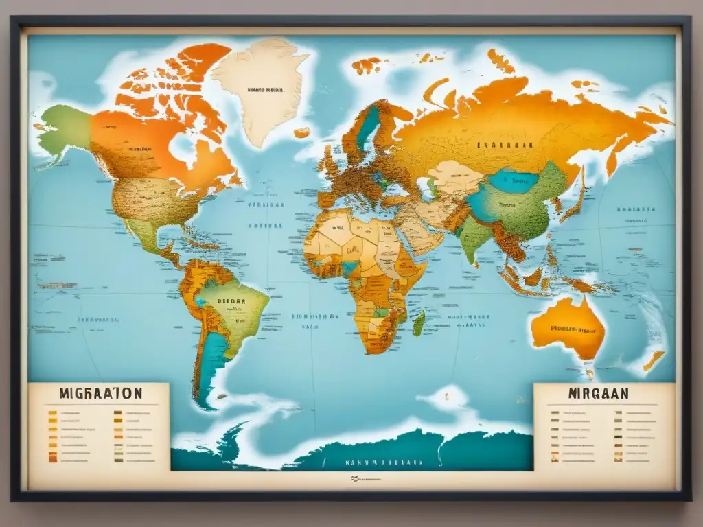 Un mapa vintage detallado de rutas de migración de apellidos, resaltando la historia apellidos migración lingüística