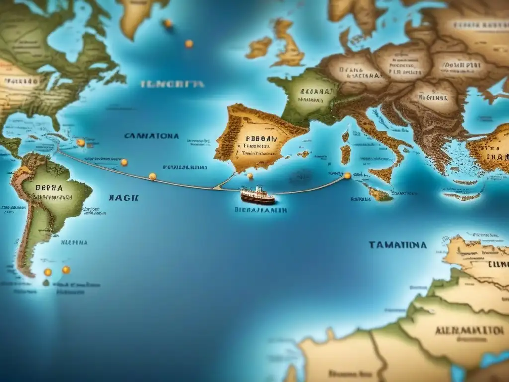 Mapa vintage detallado con rutas migratorias, tonos sepia, ilustraciones de barcos y trenes