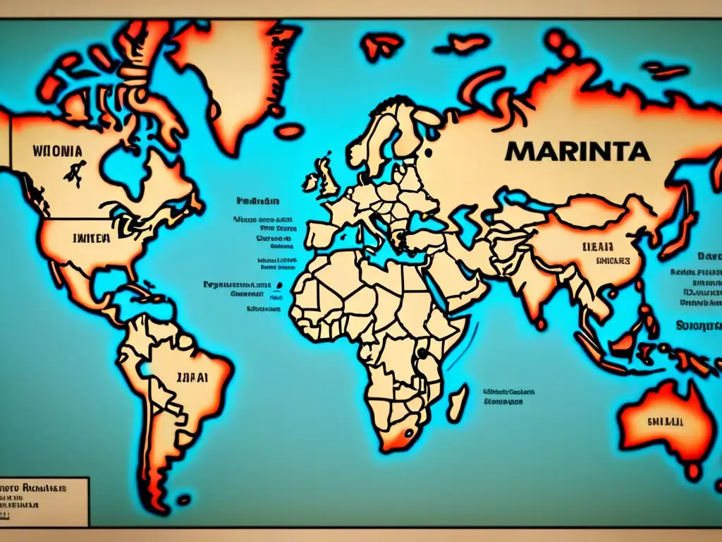 Mapa vintage detallado de rutas migratorias de apellidos con anotaciones caligráficas, ilustraciones de barcos y aviones