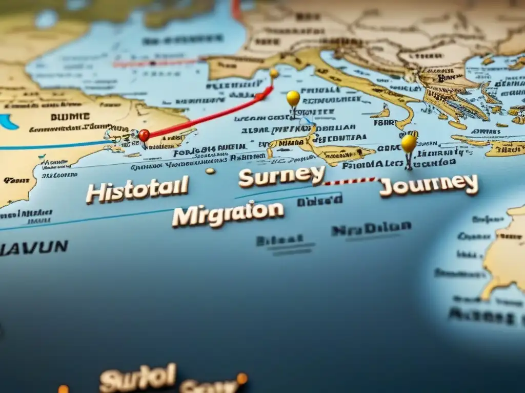 Un mapa vintage detallado en 8k muestra rutas migratorias históricas con evolución de apellidos