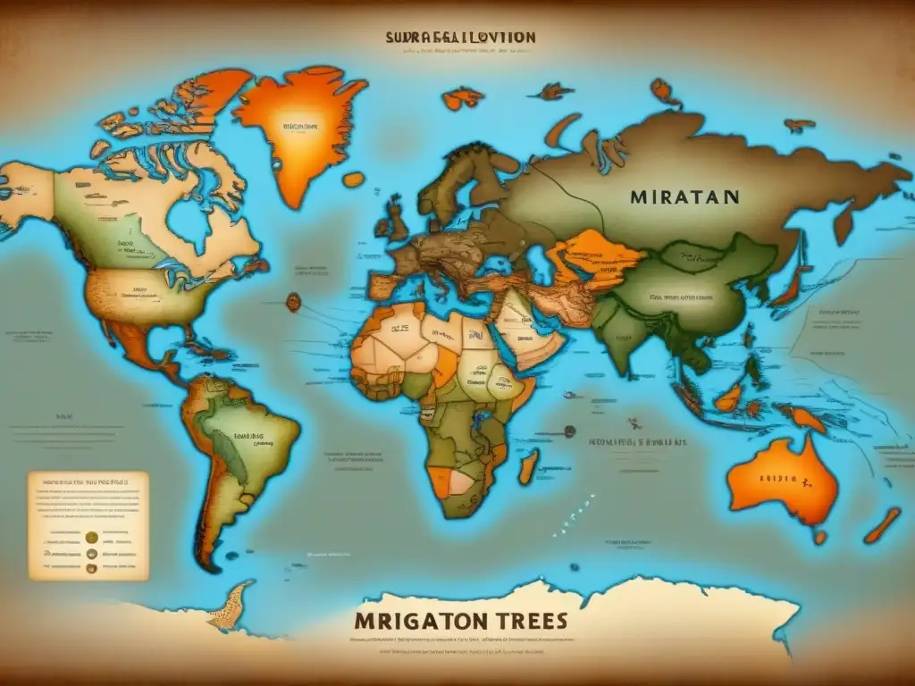 Mapa vintage detallado con rutas migratorias y árboles genealógicos entrelazados, simbolizando la evolución de apellidos por migración