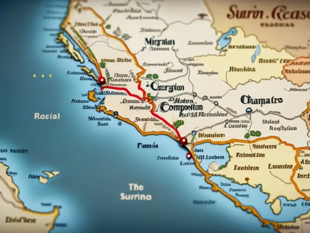 Mapa vintage detallado con rutas migratorias y Cambios de nombre en apellidos, marcados con caligrafía, tonos sepia y familias en movimiento