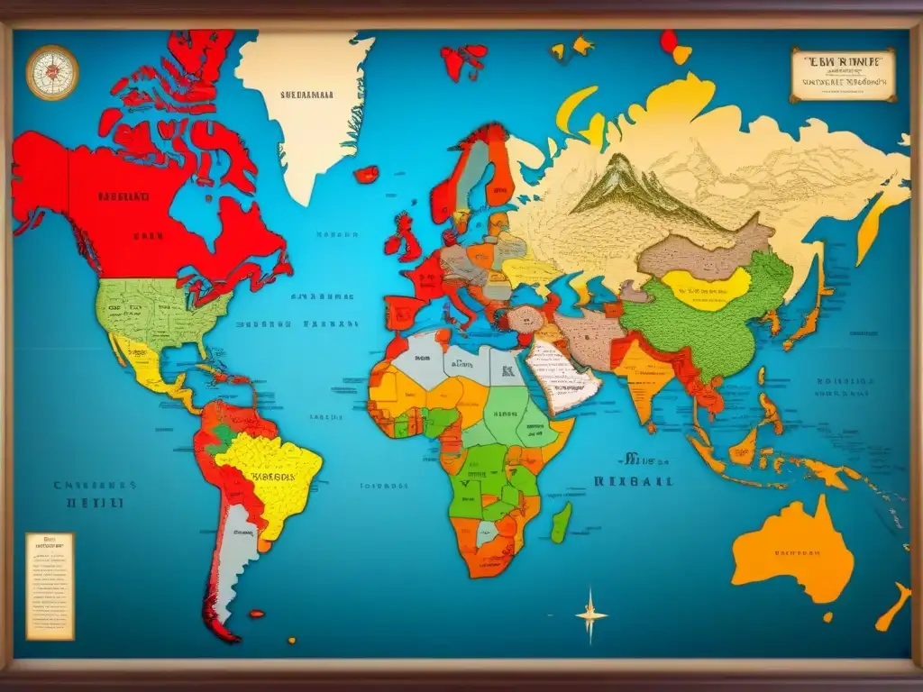 Un mapa vintage detallado con las rutas de migración de familias de apellidos desafiantes, impactando paisajes políticos