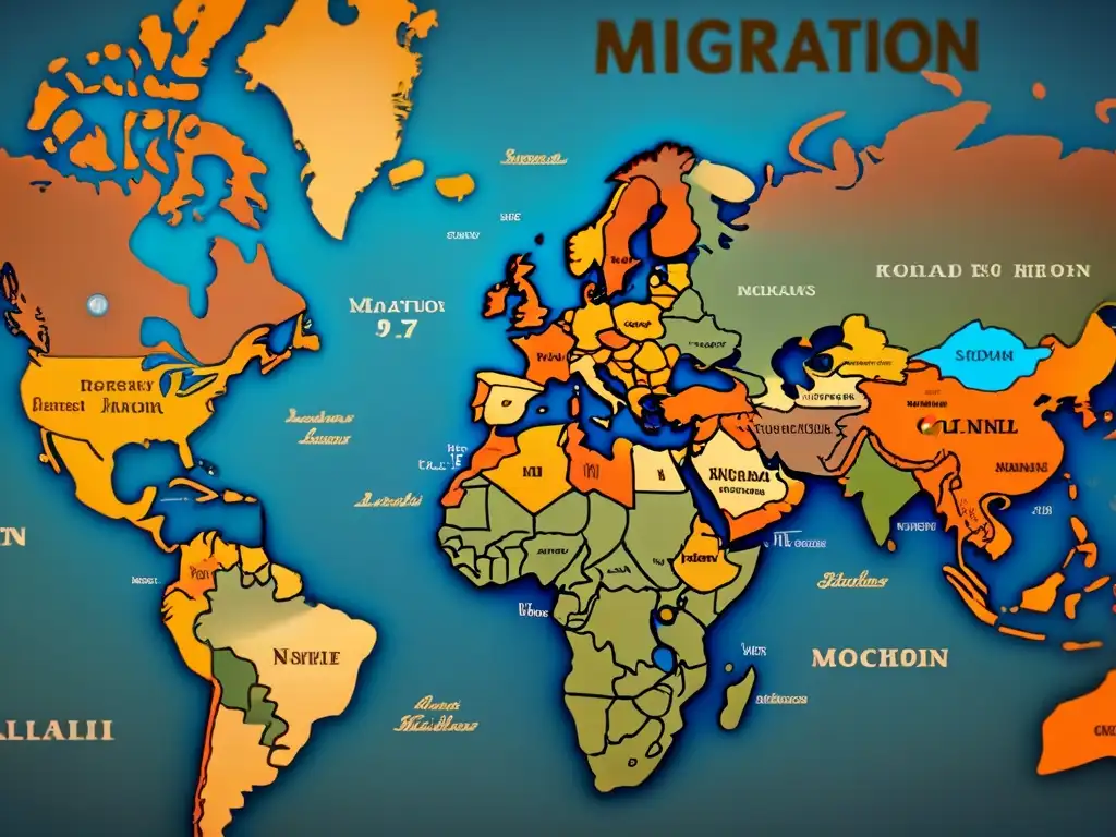 Un mapa vintage detallado muestra rutas de migración de apellidos, evocando historia y genealogía