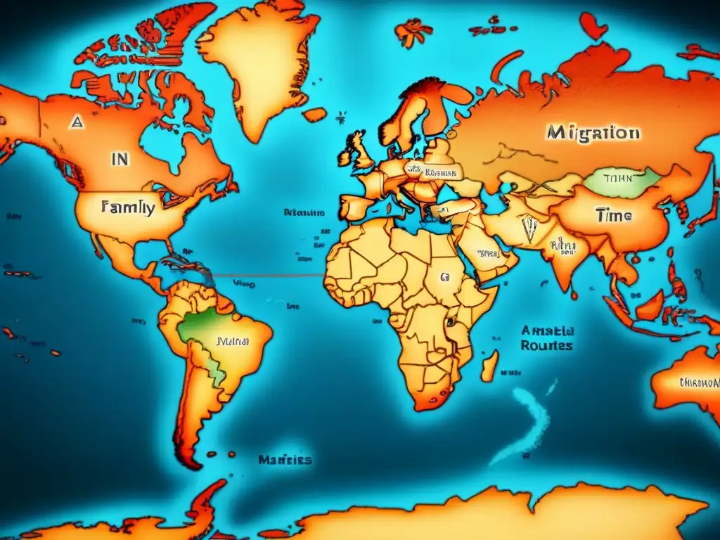 Mapa vintage detallado mostrando rutas migratorias de apellidos por continentes, resaltando caminos históricos de genealogía