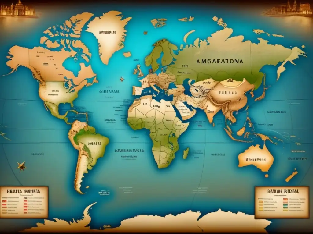 Mapa vintage detallado de rutas migratorias ancestrales, ideal para historia de apellidos y genealogía