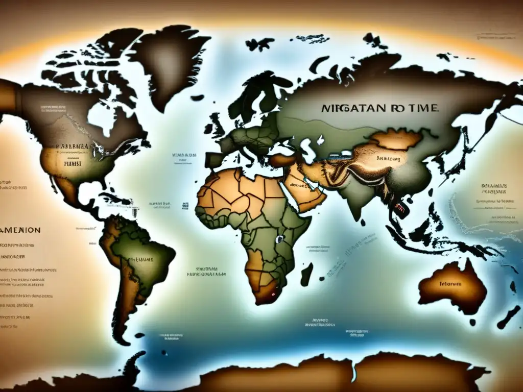 Mapa vintage detallado de rutas migratorias de ancestros en tonos sepia, con caligrafía y la historia de apellidos y genealogía