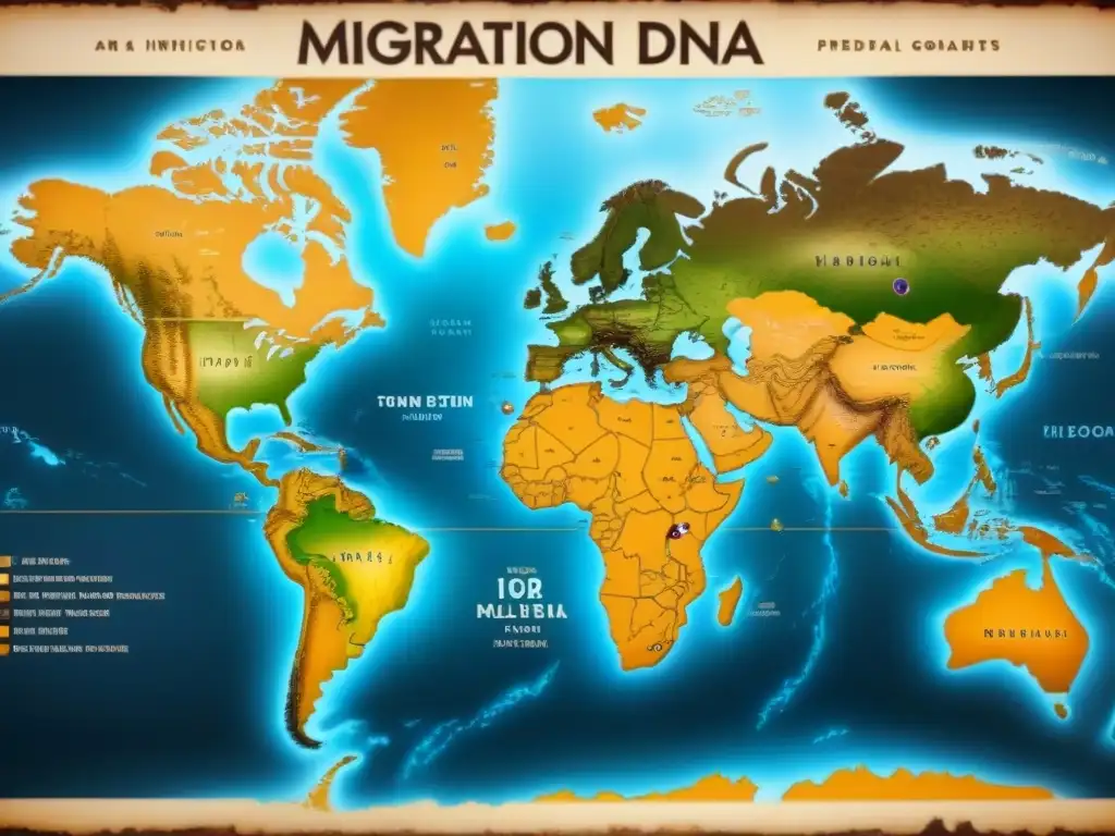 Un mapa vintage detallado muestra rutas de migración de marcadores de ADN ancestral a través de continentes, con tonos sepia y lugares históricos