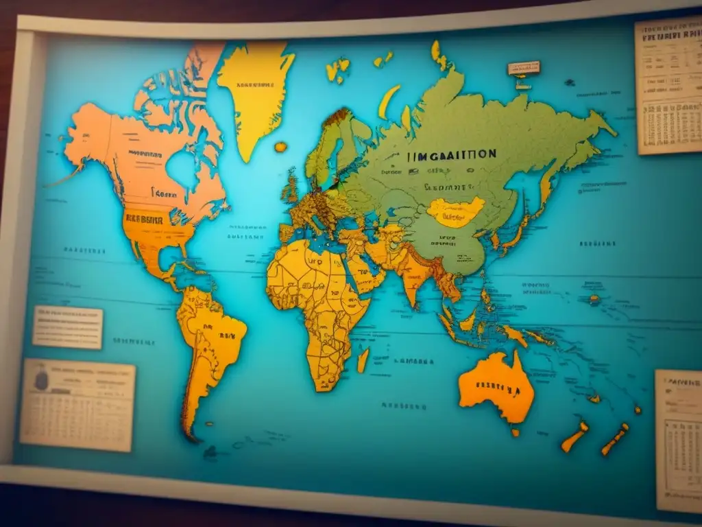 Un mapa vintage detallado de rutas de inmigración, con elegante caligrafía y sellos antiguos, evocando historias de apellidos en inmigración