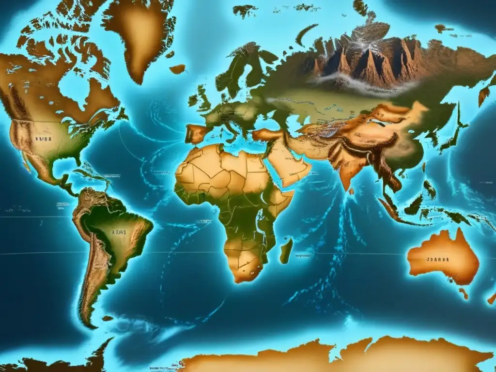 Mapa vintage detallado de rutas migratorias ancestrales ADN en tonos sepia, con huellas y símbolos de ADN