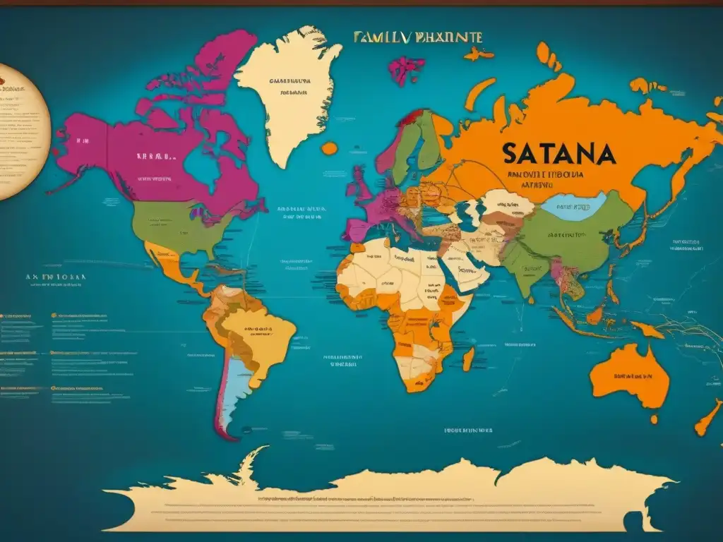 Un mapa vintage detallado muestra rutas migratorias y árboles genealógicos con apellidos exóticos