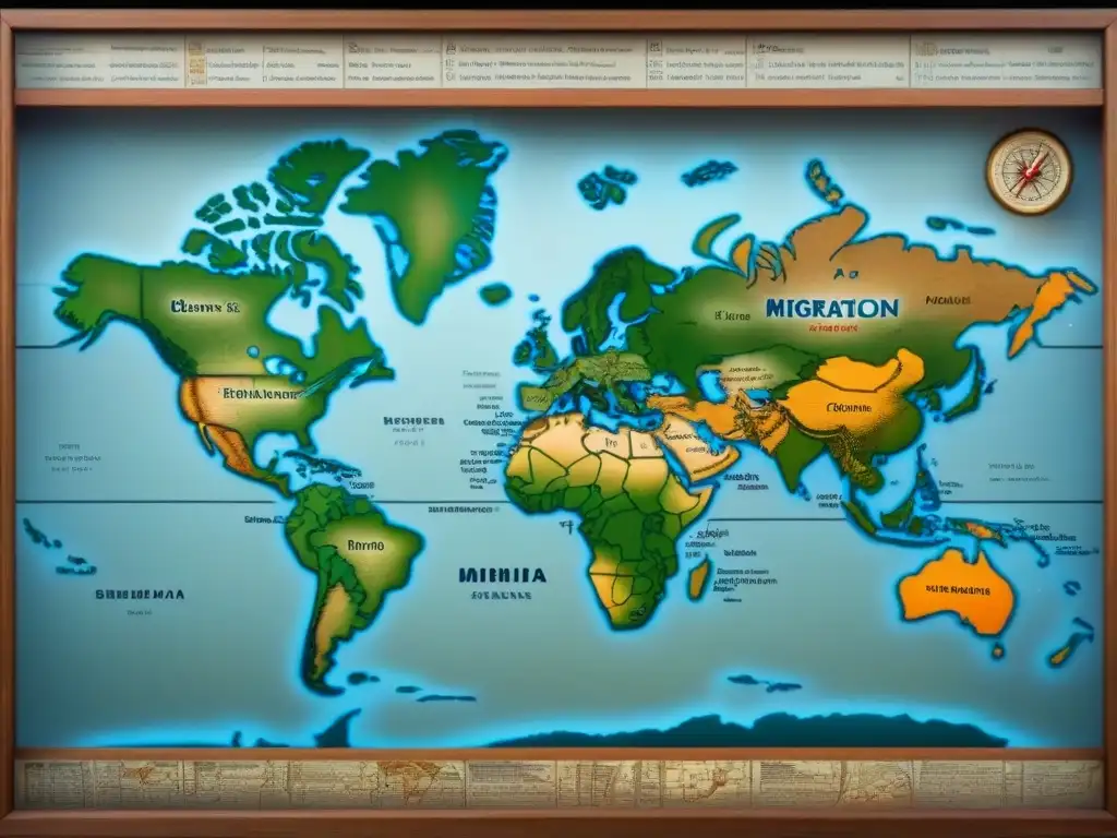 Mapa vintage detallado de rutas migratorias de apellidos con R, con elementos cartográficos antiguos