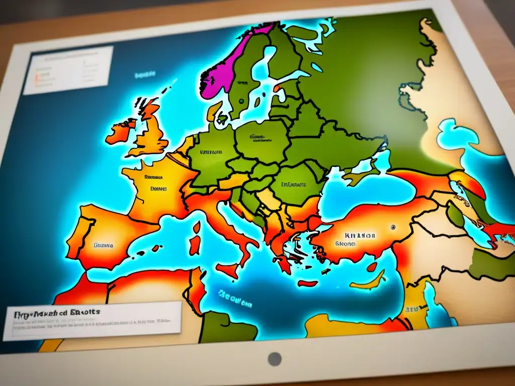 Un mapa vintage detallado de Europa medieval con rutas nómadas de tribus gitanas, ilustrando carromatos y vestimenta tradicional