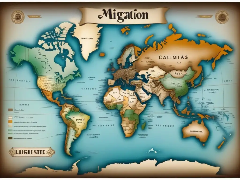 Mapa vintage detallado de rutas migratorias durante conquistas históricas, mostrando cambios de apellidos