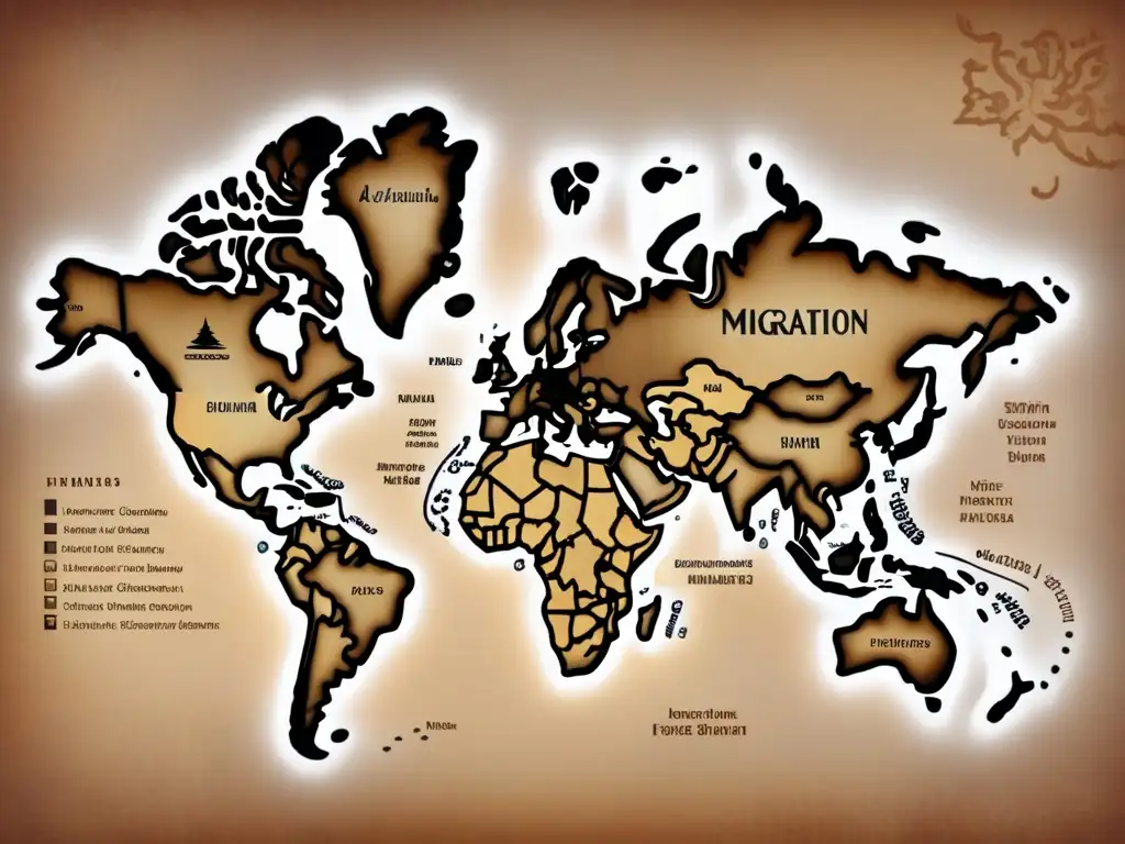 Mapa vintage detallado de rutas migratorias y mezcla de apellidos interculturales en el siglo XXI