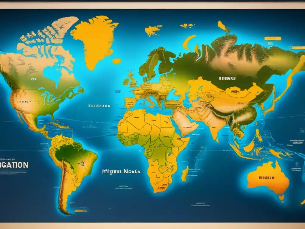 Mapa vintage detallado de rutas migratorias de apellidos, ilustrando familias en viajes por continentes