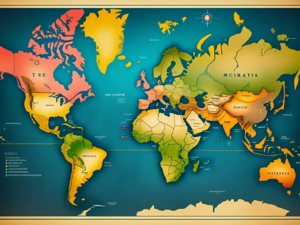 Mapa vintage detallado de rutas de migración, marcado con tinta desgastada, evocando misterio y descubrimiento en estudios de ADN genealogía migración