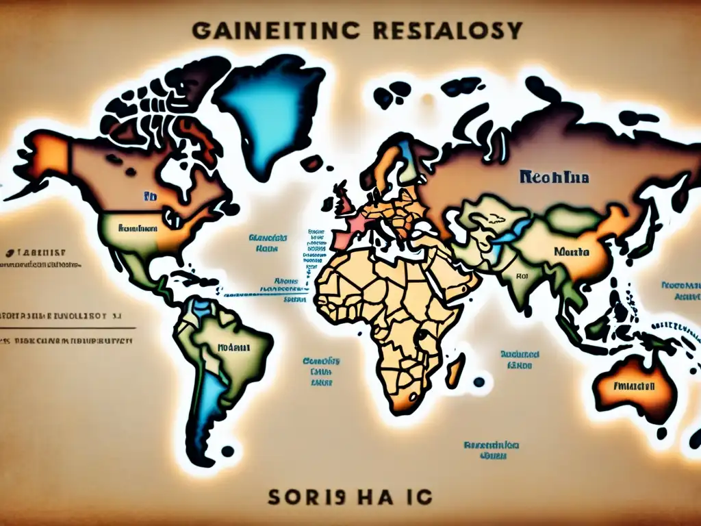 Mapa vintage detallado de rutas y países con colores desgastados