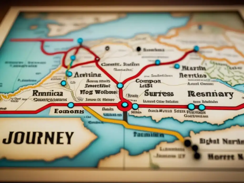 Mapa vintage detallado de rutas genéticas de apellidos, con líneas coloridas conectando regiones y símbolos ancestrales